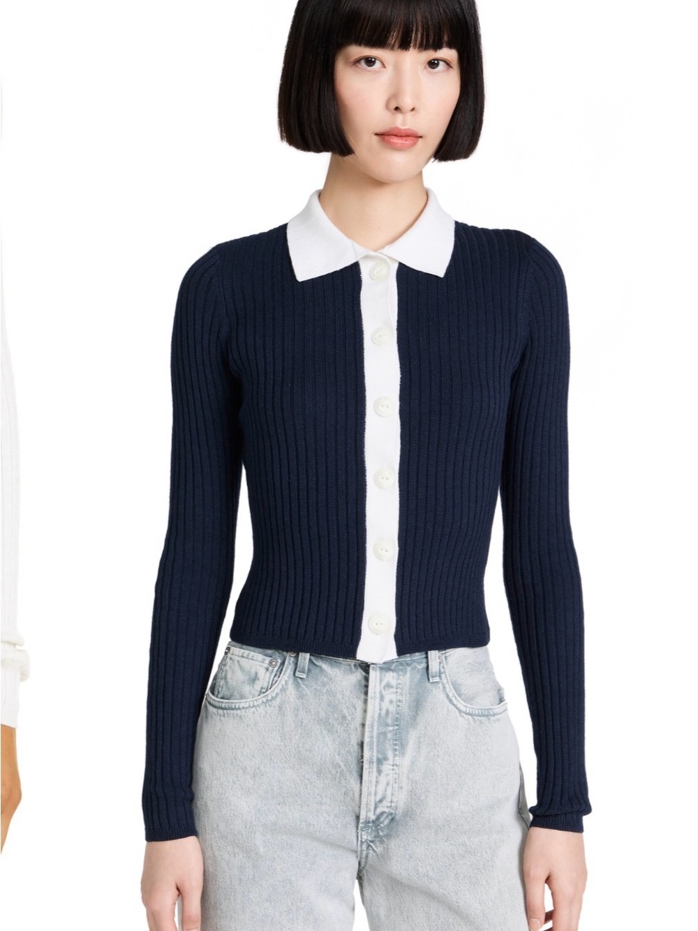 rag & bone Navaya Ribbed Button-Front Cardigan Navy with Cream Trim